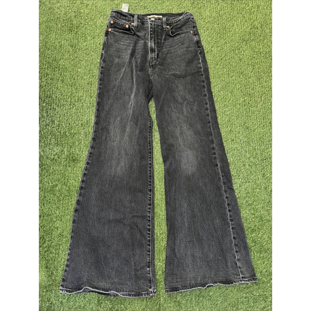 Levis Ribcage Bell Jeans Womens 29x32 Faded Black Flare Wide Leg Stretch Denim